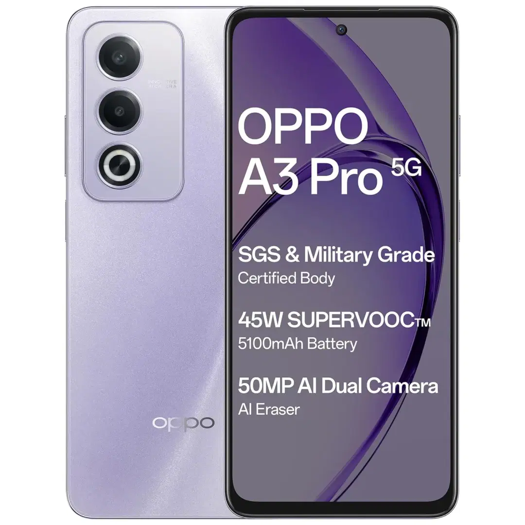 Oppo A3 Pro 5G (Moonlight Purple, 8GB RAM, 128GB Storage)|6.67” HD+ 120Hz Refresh Rate Screen | 45W SUPERVOOC|with No Cost EMI/Additional Exchange Offers