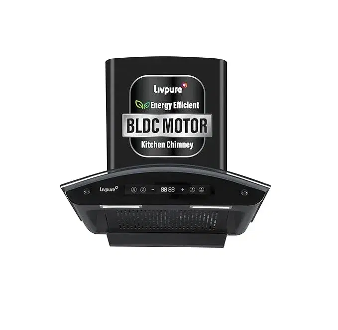 Livpure 60cm 1400m/hr Curved Glass BLDC Filterless Autoclean Kitchen Chimney|9 Speed With RPM Display|10Yrs Motor Warranty,2 Yrs Comprehensive|Touch & Gesture Control|Liv-Invicto-60-FL-BLDC-HAC,Black