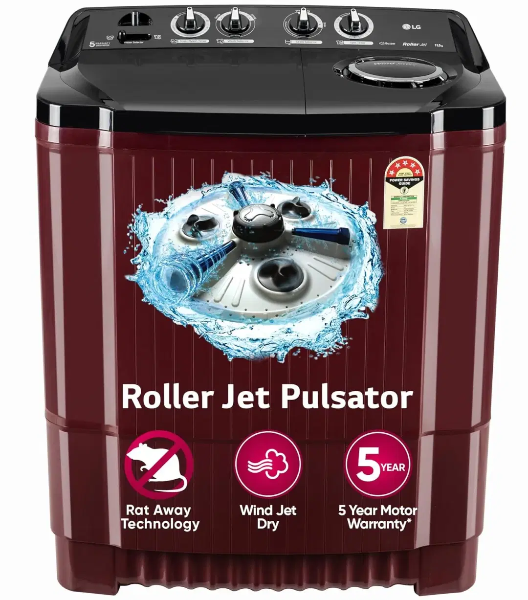LG 11.5Kg Semi Automatic Top Load Washing Machine, Roller Jet Pulsator + Soak, Burgundy P115ASDAZ