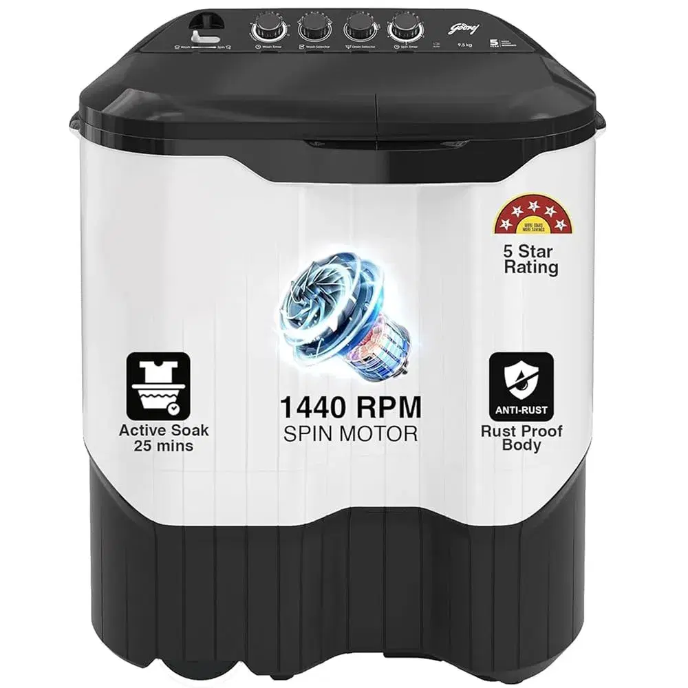Godrej 9.5 kg 5 Star With Rain Shower Spin Washing Machine Semi Automatic Top Load Grey (WS EDGEPRO 95 5.0 PPB3 GPGR)
