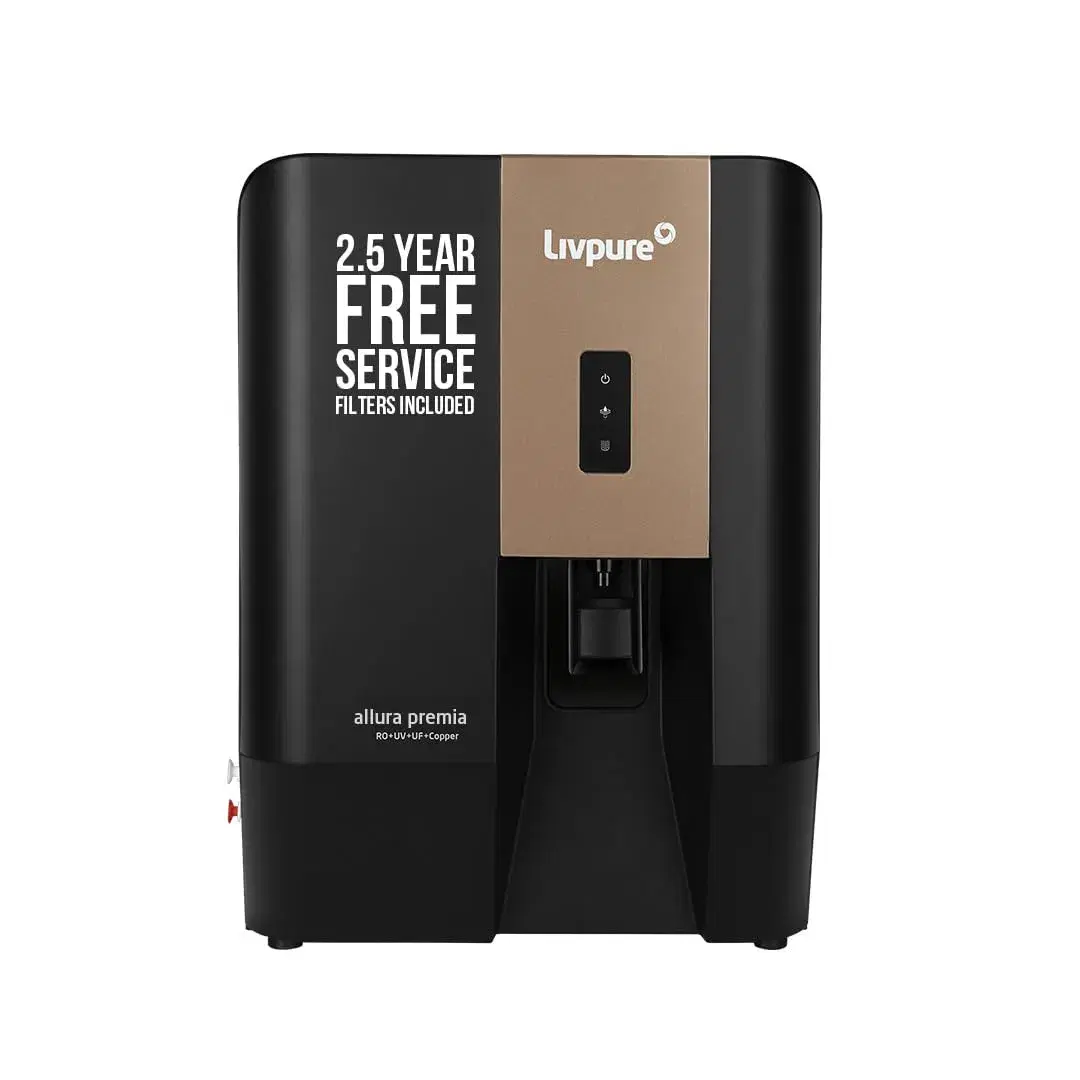 Livpure Allura Premia Water Purifier| No Service Cost for 2.5 Years - Filters Included | 10 Stage Advanced Purification | RO+UV+UF+Copper+Alk+Mineraliser| In Tank UV Sterilisation| 7 Ltr|