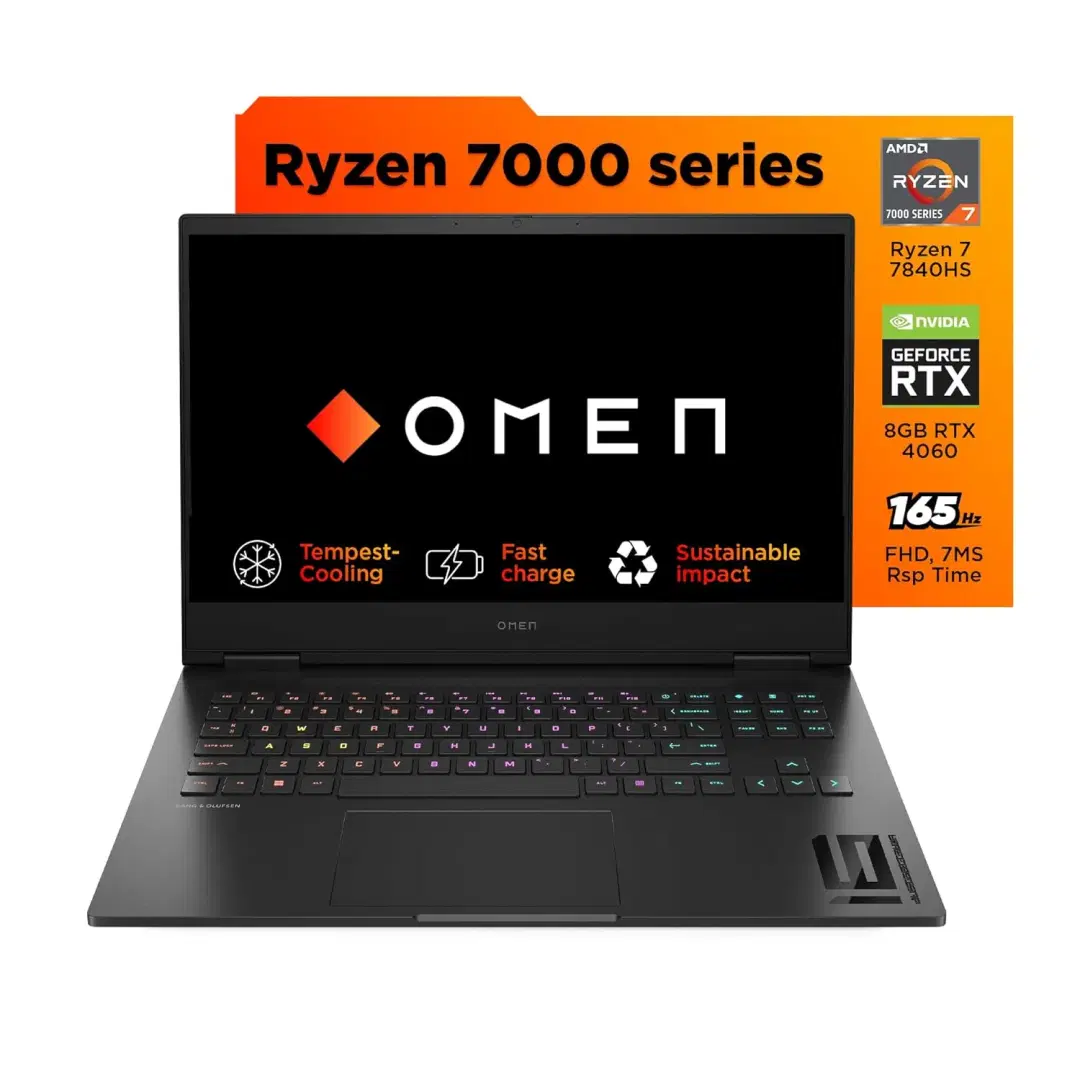 HP Omen, AMD Ryzen 7-7840HS, 6GB NVIDIA GeForce RTX 4050 Gaming Laptop (16GB RAM, 1TB SSD) 165Hz, IPS, 16.1"/40.9cm, Win 11, MS Office 2021, Black, 2.37Kg, RGB Keys, Tempest Cooling, xd0015AX