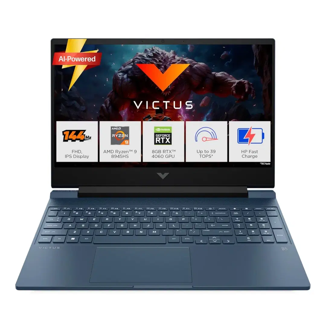 HP Victus, AMD Ryzen 9-8945HS, 8GB NVIDIA GeForce RTX 4060 AI Gaming Laptop (16GB RAM, 1TB SSD), 144Hz, IPS, 15.6"/39.6cm, FHD, Win 11, MS Office 2024, Blue, 2.29Kg, Backlit KB, fb3025AX