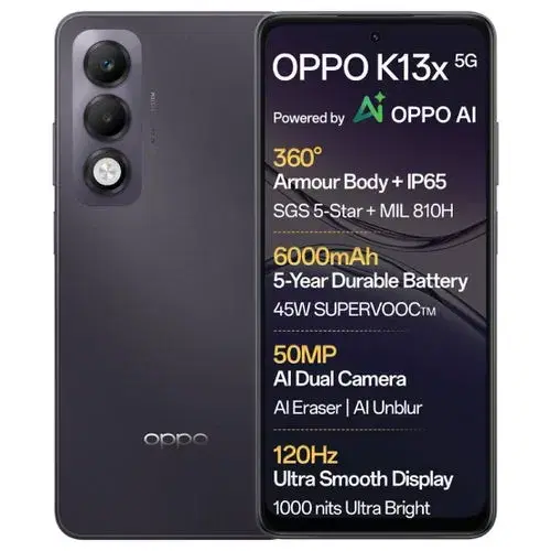 Oppo K13x 5G 6000mAh and 45W Supervooc Charger & AI (Midnight Violet, 128 GB) (4 GB RAM)
