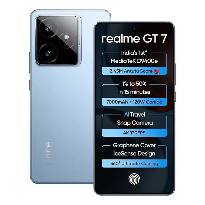 Realme GT 7 (IceSense Blue,12GB+256GB) | India's 1st MediaTek Dimensity 9400e Chipset | Strongest Battery Combo 7000mAh + 120W | AI 4K 120FPS Travel Camera | 360° Cooling IceSense Design with Graphene