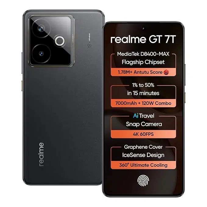 Realme GT 7T (IceSense Black,8GB+256GB) | MediaTek D8400 MAX | Strongest Battery Combo 7000mAh + 120W | AI 4K 60FPS Travel Camera | 360° Cooling IceSense Design with Graphene | 6000 nits Display