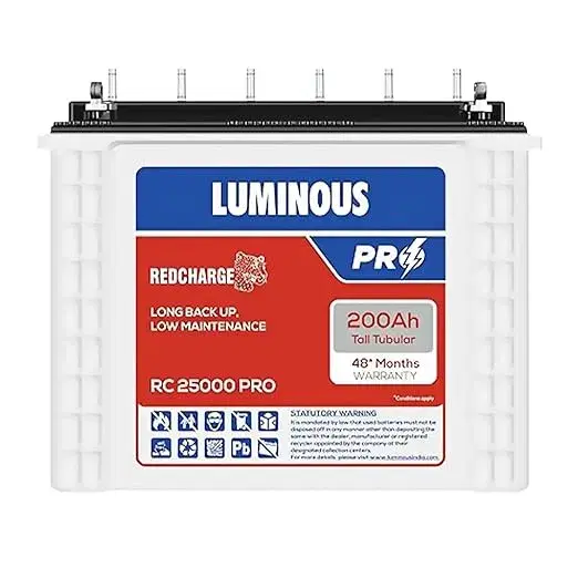 Luminous Red Charge RC 25000 PRO 200Ah 12V Tall Tubular Inverter Battery for Home, Office & Shops | Long Backup | Minimum Maintenance | Durable & Reliable | Easy Installation | 48M Warranty
