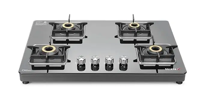 Sujata Premium Gas Stove | 9 Years Warranty | 4 Burner Gas Stove Glass Top, SABAF, ISI Certified, LPG & PNG Compatible, 360° Rotating Brass Gas Nozzle, Jumbo Brass Burner (Black)