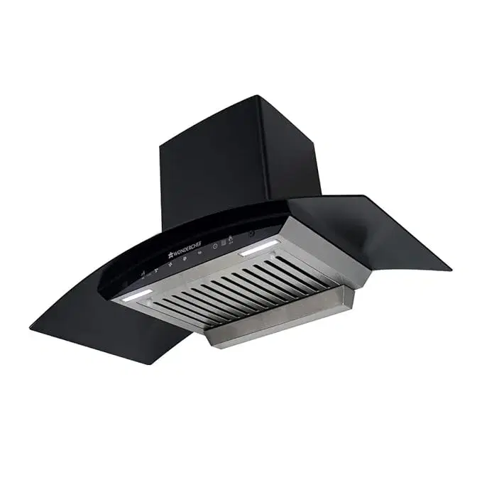 Wonderchef Ultima 90cm 1200 m3/hr Auto Clean Curved Glass Chimney | Baffle Filter | 1200M3/Hr powerful suction | Touch + 3 speed Motion Sensor control | Low Noise | 7 Year Warranty | Black