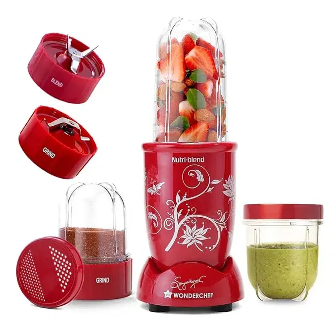 Wonderchef Nutri-blend 500W Mixer Grinder, 22000 RPM Motor, Smoothie Maker, Masala Grinder, Chutney Blender, 3 Unbreakable Jars & Sipper Jar, 2 Yr Warranty, Red