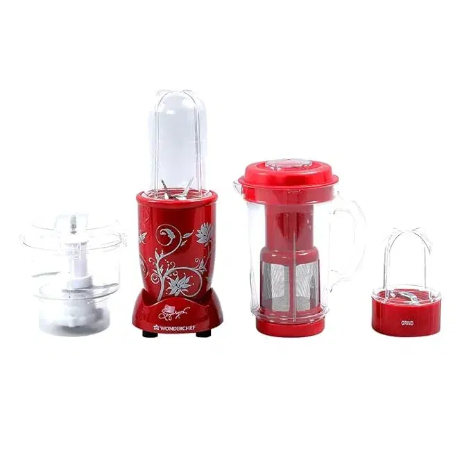 Wonderchef Nutri Blend Complete Kitchen Machine, Mixer Grinder, Blender, Chopper, Juicer, Stainless Steel Blades, 4 Jars with chopper, 500 Watts, Red