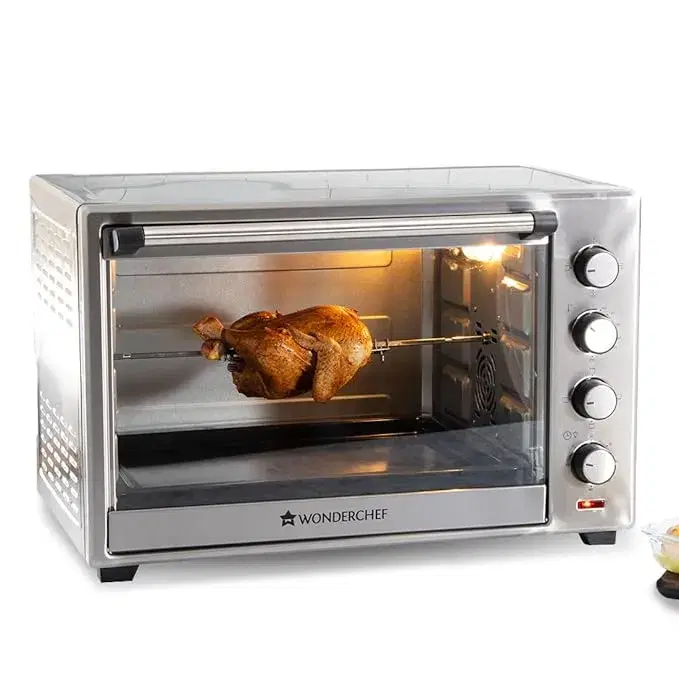 Wonderchef Oven Toaster Griller (OTG) - 48 litres, Steel with Rotisserie, Auto-Shut Off, Heat-Resistant Tempered Glass, 6-Stage Heat Selection Bake, Grill, Roast | Easy clean