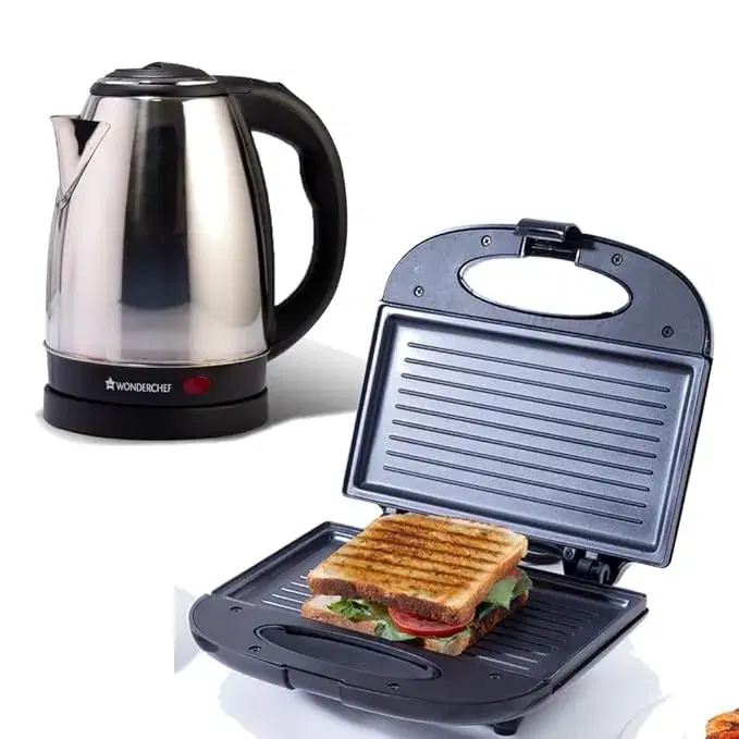 Wonderchef Prato Plus Griller (800 Watts) & Crescent Electric Kettle | Healthy Non-stick Aluminium Grill Plates | Sleek and Compact Design | 1.8 Litre Kettle Capacity | Boil Water in 5 Mins, Black