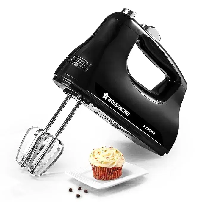 Wonderchef Essenza Hand Mixer | 3 Variable Speed Settings | 300W | For Beating, Whisking, Whipping, Kneading | Stainless-steel Beater and Kneader Attachments | Low Noise | Black | 2-Year Warranty