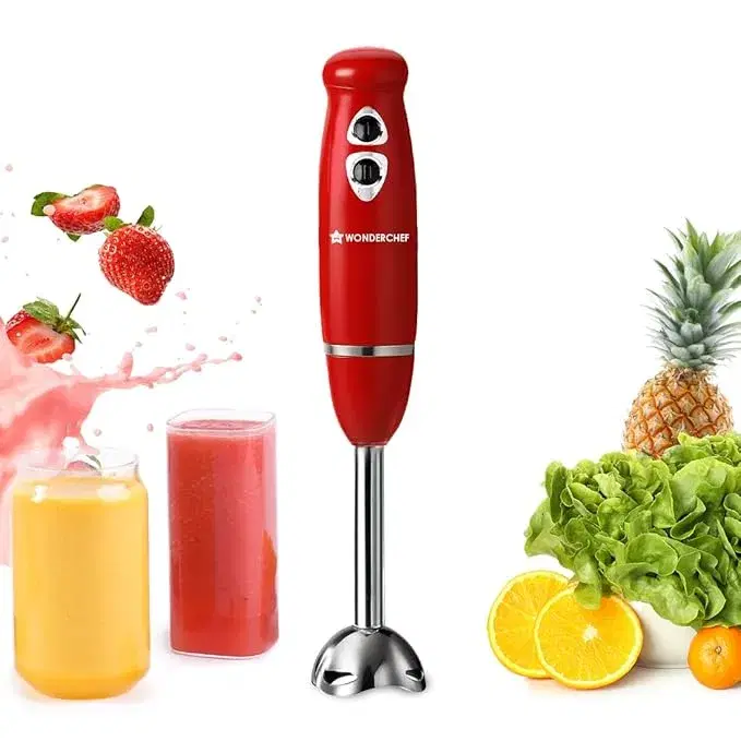 Wonderchef Regalia Hand Blender Mixer | 350W | Sharp Stainless-steel Blades | Dual Speed Settings | For Hot & Cold Blending | Detachable Blending Arm | 2-Year Warranty | Red