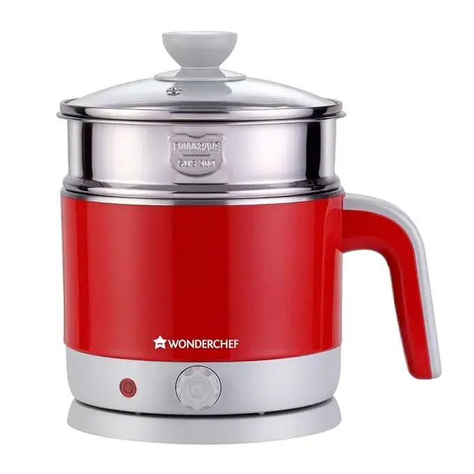 Wonderchef Luxe Multicook Stainless Steel 1.2 L Electric Kettle, 1000W, Red with Egg Boiler Attachment | 2 in 1 | Breakfast Appliance | Make Tea and Coffee, Boil Eggs