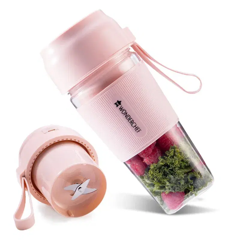 Wonderchef Plastic Nutri-Cup Portable Blender | Usb Charging | Smoothie Maker | Ss Blades | Battery Operated Rechargeable Blender | 300Ml | Compact Size | Pink, In Built Jar