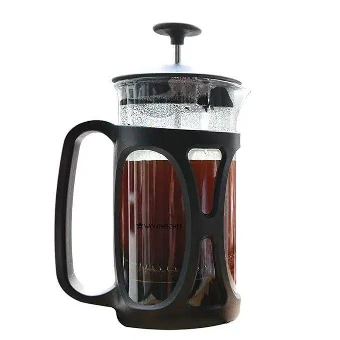 Wonderchef French Press Coffee & Tea Maker 350 ml|Borosilicate Glass Carafe|4 Level Filtration System|Stainless Steel Plunger with Mesh|1-2 Cups of Coffee|Brews in Just 3 Minutes|Black|1 Year Warranty