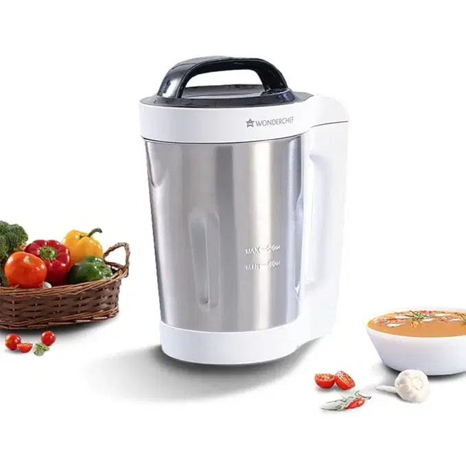 Wonderchef Automatic Soup Maker | 1.6 Litre | 800 Watts Heater | Ss Blades and Jug | 5 Pre-Set Functions | White | Steel | One Touch Operation | Touch Control Panel | 20 Minute Cook Time | 2 Years Warranty