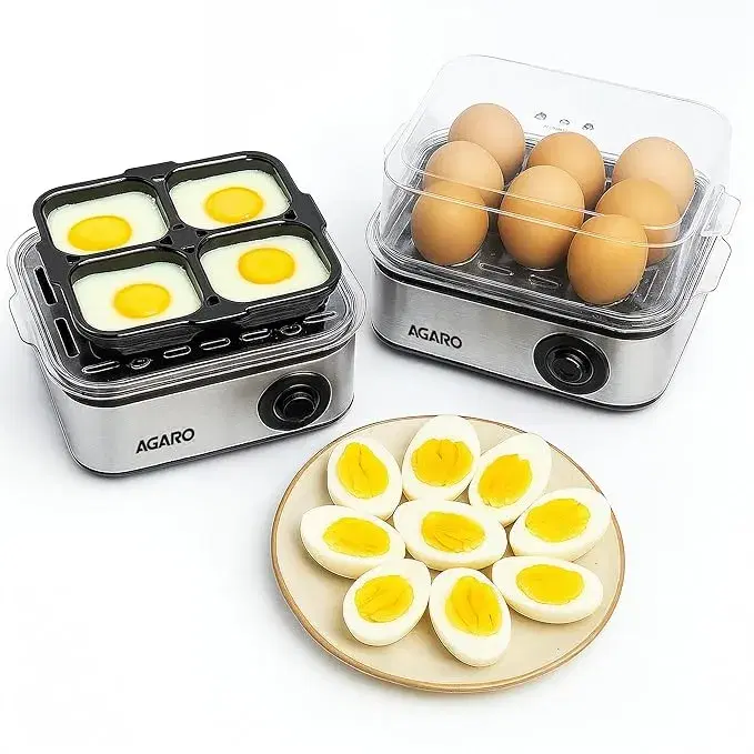 AGARO Grand Egg Boiler And Poacher, 2-in1 Boils 8 Eggs, Poach 4 Eggs, Steamed Vegetables, 3 Boiling Types, Stainless Steel Body, Transparent Lid, 500W, Silver