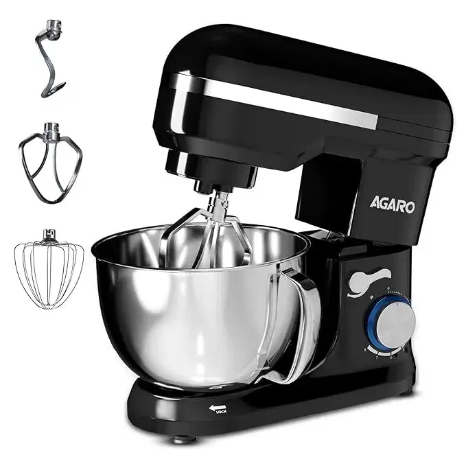 AGARO Royal Stand Mixer 1000W with 5L SS Bowl and 8 Speed Setting I Includes Whisking Cone, Mixing Beater & Dough Hook, and Splash Guard, 2 Years Warranty, (Black)