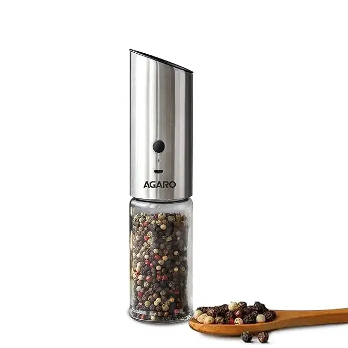 AGARO Gravity Salt & Pepper Automatic Grinder, Refillable, Adjustable Coarseness, Gravity Electric Salt Pepper Mill & Shaker, Rechargeable Stainless Steel