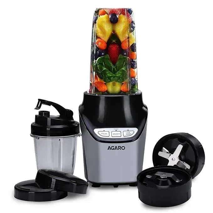 AGARO Marvel Nutri Blender, BPA Free 2 Tritan Jars, 1000W, 100% Copper Motor, 2 Speed Modes with Pulse, Detachable Base, Stainless Steel Blades, Blend, Mix, Grind, Smoothie, Juice Maker, Black