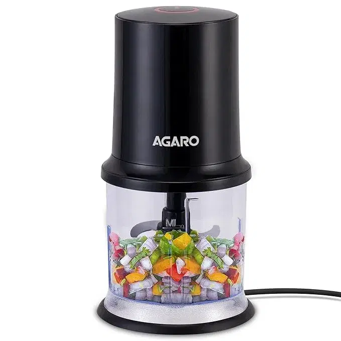 AGARO Electric Chopper, 400 Watts, Vegetable Chopper, Cutter, 100% Pure Copper Motor, Chop, Mince, Dice, Twin Stainless Steel Blade, 500 Ml, One Touch Operation, Elegant, Black