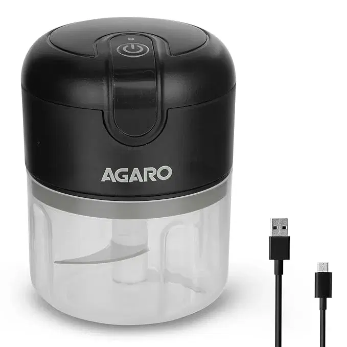 AGARO Elite Rechargeable Mini Electric Chopper, Food Grade Bowl, Stainless Steel Blades, One Touch Operation, for Mincing Garlic, Ginger, Onion, Vegetable, Meat, Nuts, 250 Ml, Black
