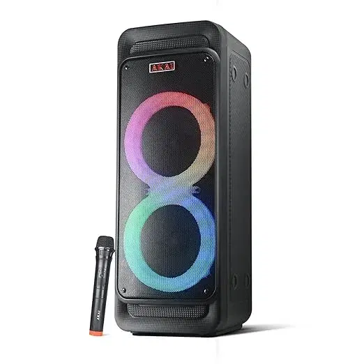 AKAI PM-80P PartyMate Pro Speaker 80 Watts|Wireless Bluetooth Speaker|LED Light Show|Karaoke Support with Wireless Mic|Portable Outdoor Party Tower Speaker|8 Hours Playtime|AUX, USB, FM (Black)