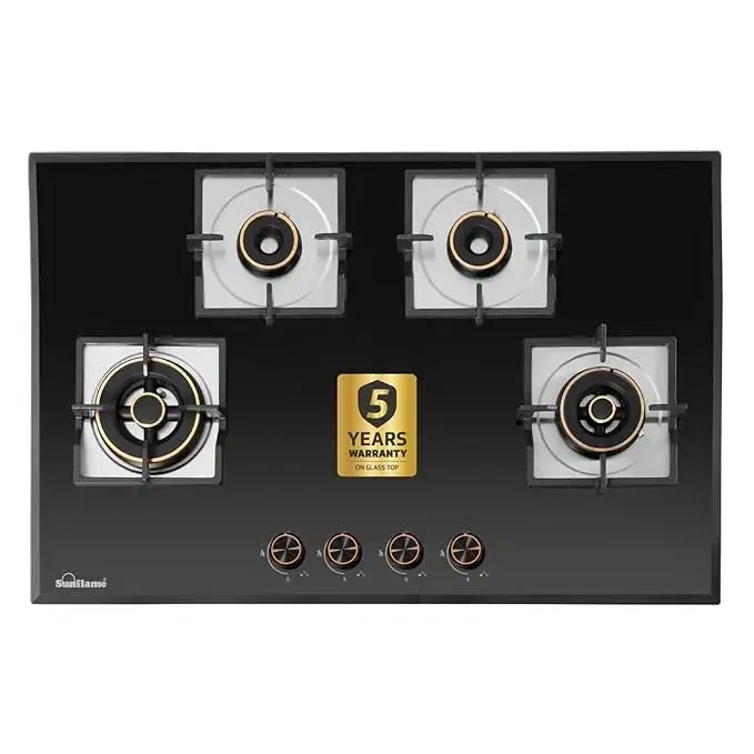 Sunflame 4 Burner Built-In & Countertop Flexi Hob 78 cm Wide | 5 Year Coverage on Glasstop by Sunflame | Brass Burners with Golden Ring Design | Cast Iron Pan Support with Flame Guard | Metallic Knobs