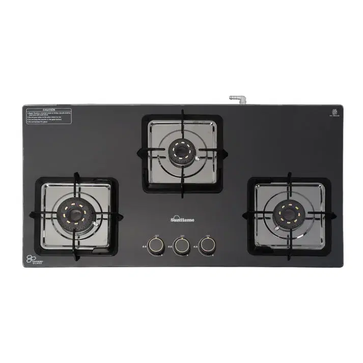 Sunflame 3 Burner Ultra-Slim Countertop Hob 80 cm Wide | Italian SABAF Valve | 5-Year Glasstop, Burners & Valve Coverage by Sunflame | Forged Brass Burners | Sturdy Pan Support with Flame Guard |Black