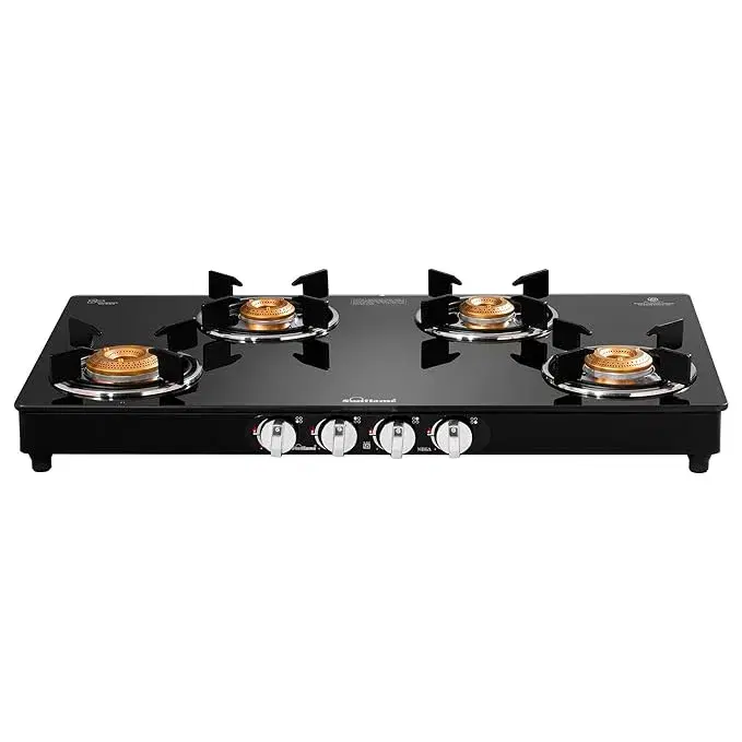 Sunflame Mega 4 Burner Gas Stove | 1 Jumbo, 1 Medium and 2 Small Forged Brass Burners | 2 Years Product Coverage by Sunflame | Cast Iron Pan Support | Toughened Glass Top | PAN India Presence | Black