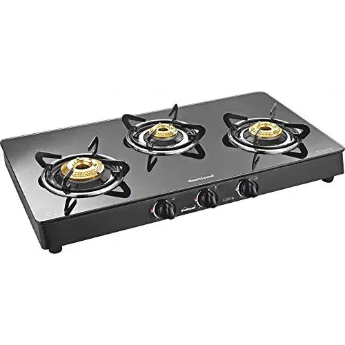 Sunflame Centa 3 Burner Toughened Glass Top Gas Stove with 2 years Made In India.(Manual Ignition, Black)