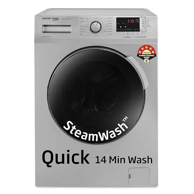 Voltas Beko, A Tata Product 8 Kg 5 Star Inverter Quick wash Fully-Automatic Front Loading Washing Machine (WFL8012B7JVBKA/GXV, Grey, In buit Heater/Hygiene steam)