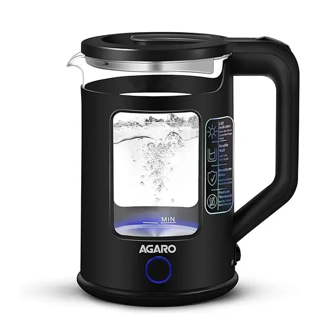 Agaro Galaxy Electric Kettle with Keep Warm Function, BPA Free PP Plastic & Glass body, Double Wall Design, Bicolor LED, 1.5L, Hot Water Kettle with Auto Shut-Off and Boil Dry Protection, Black