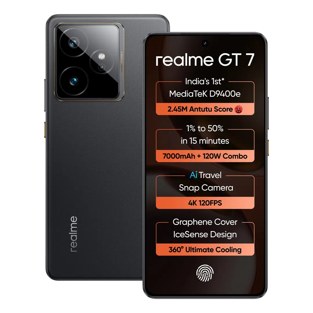Realme GT 7 (IceSense Black,8GB+256GB) | India's 1st MediaTek Dimensity 9400e Chipset | Strongest Battery Combo 7000mAh + 120W | AI 4K 120FPS Travel Camera | 360° Cooling IceSense Design with Graphene