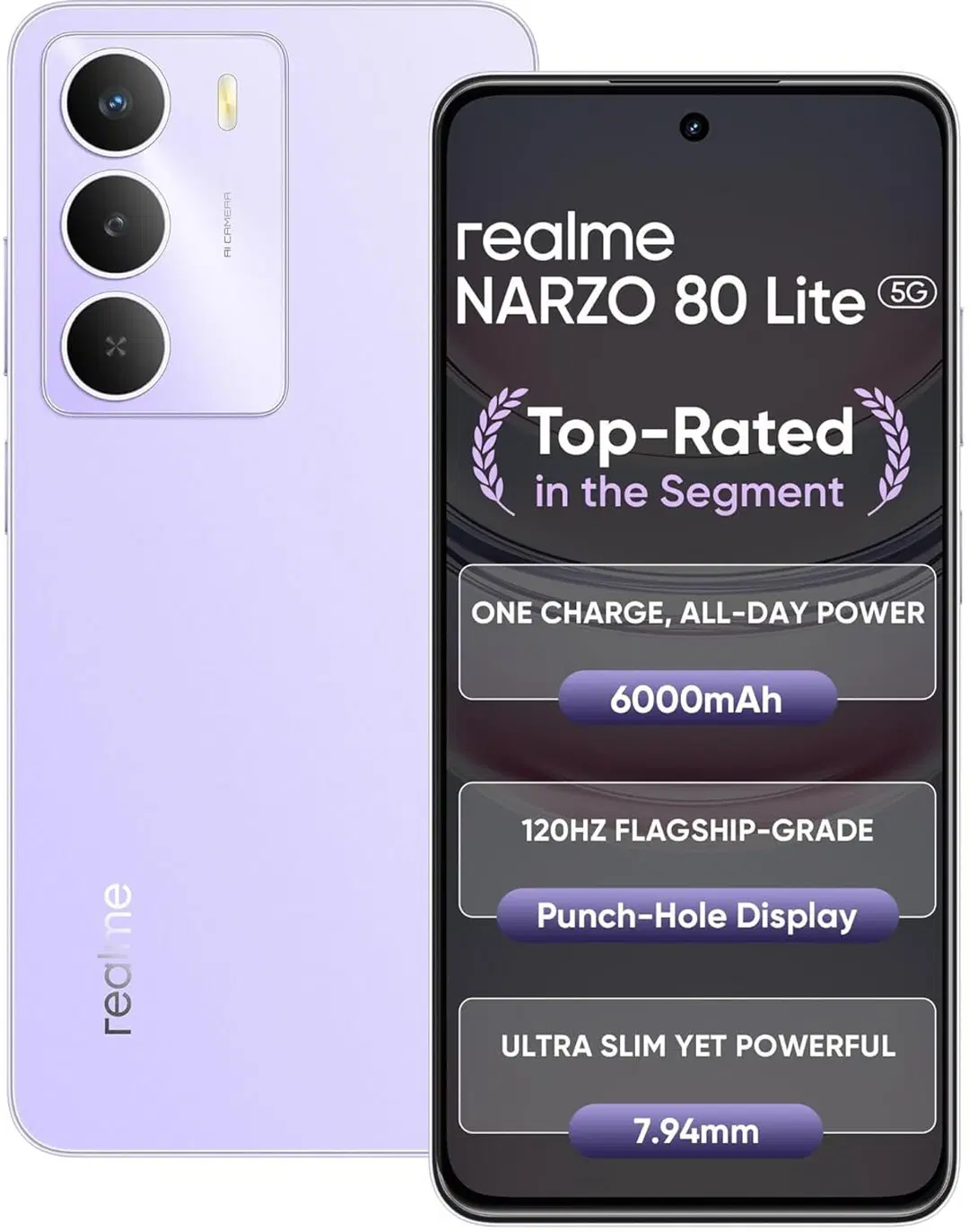 Realme Narzo 80 Lite 5G (Crystal Purple, 6GB+128GB) | 6000mAh Long-Lasting Battery | MediaTek Dimensity 6300 5G | AI Assist | IP64 Rated Water & Dust Resistance | Military-Grade Durability
