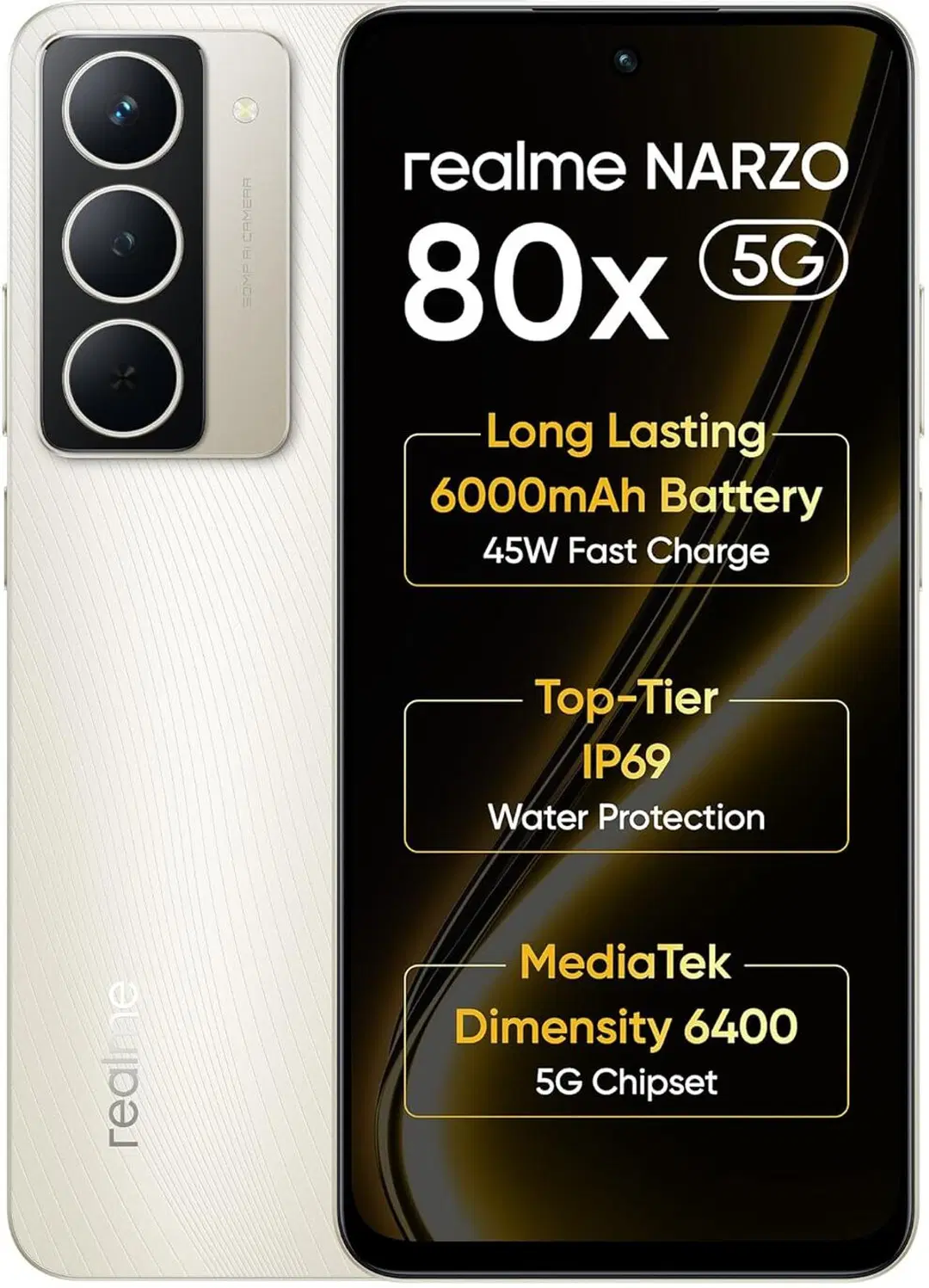 Realme Narzo 80x 5G (Sunlit Gold,6GB+128GB) | Dimensity 6400 5G Chipset | 6000mAh Long-Lasting Battery | 45W Fast Charge | 120Hz Eye Comfort Display | IP69 Top-Tier Waterproof