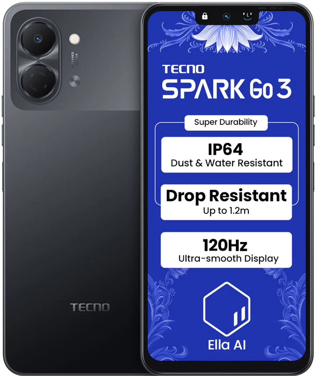 Tecno Spark GO 3 (Ink Black, 4GB+64GB | Super Durability Drop Resistant & IP64 Rated | Make Calls Without Network* |Ella Al in Your Own Language | Super Smooth 120Hz 6.74" Display |5000mAh Battery