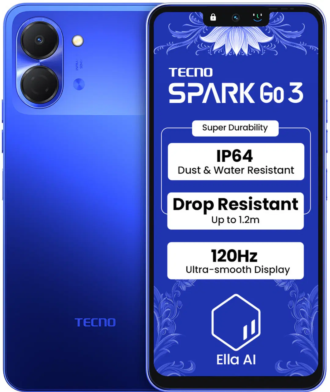 Tecno Spark GO 3 (Galaxy Blue, 4GB+64GB | Super Durability Drop Resistant & IP64 Rated | Make Calls Without Network* |Ella Al in Your Own Language | Super Smooth 120Hz 6.74" Display |5000mAh Battery