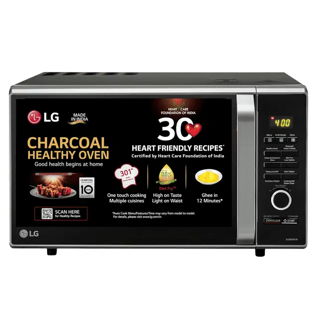 LG 28 L Diet Fry and with 360 Degree Motorised Rotisserie for crispy and tasty bar-be-que recipes, Charcoal Convection Microwave Oven (MJ2887BFUM, Black)
