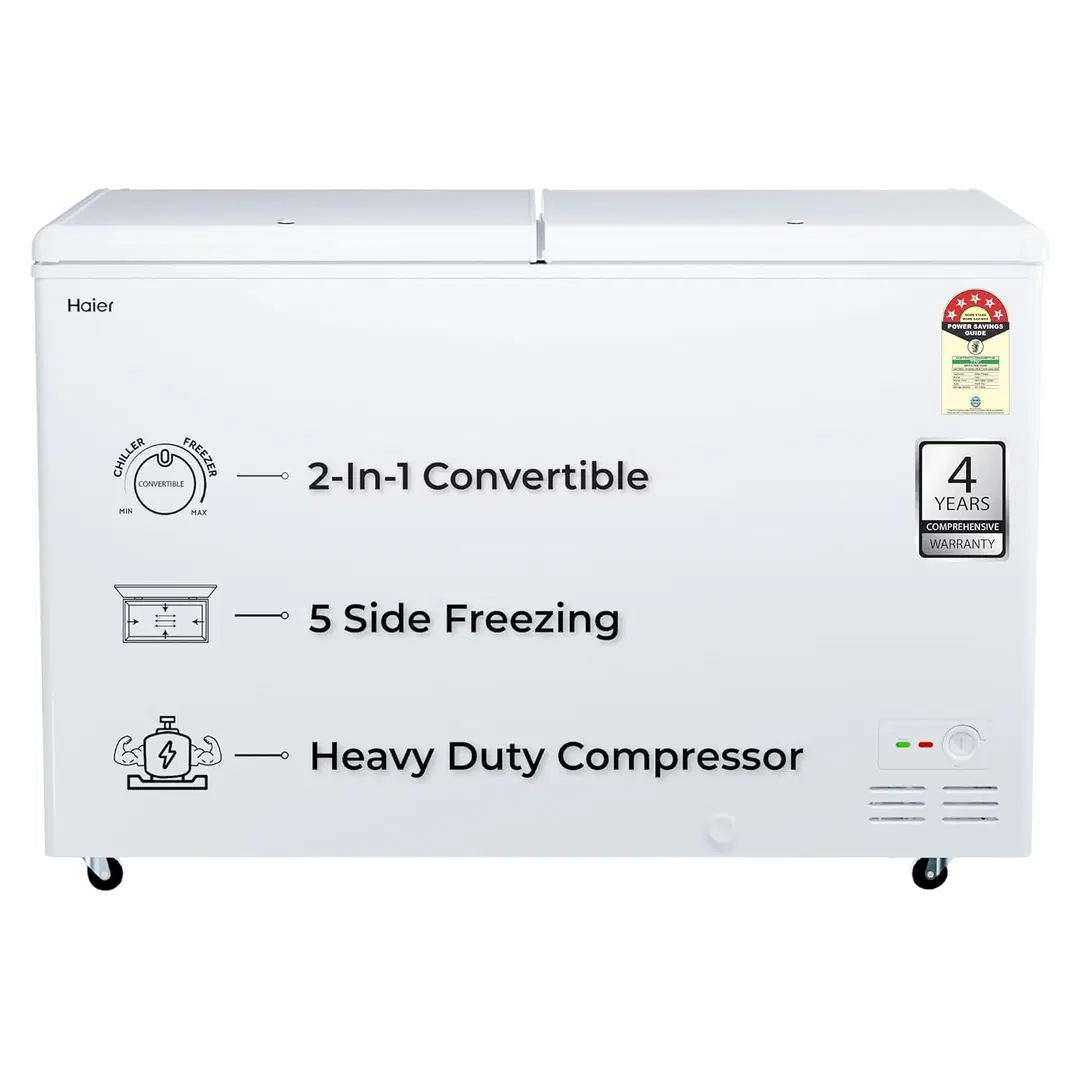 Haier HFC-500DPW5, 5 Star (2026 Star Rating) Double Door Convertible Deep Freezer, 5 Side Freezing, Dual Condenser, Inside Metal Liner with 70mm Puff Thickness (White)