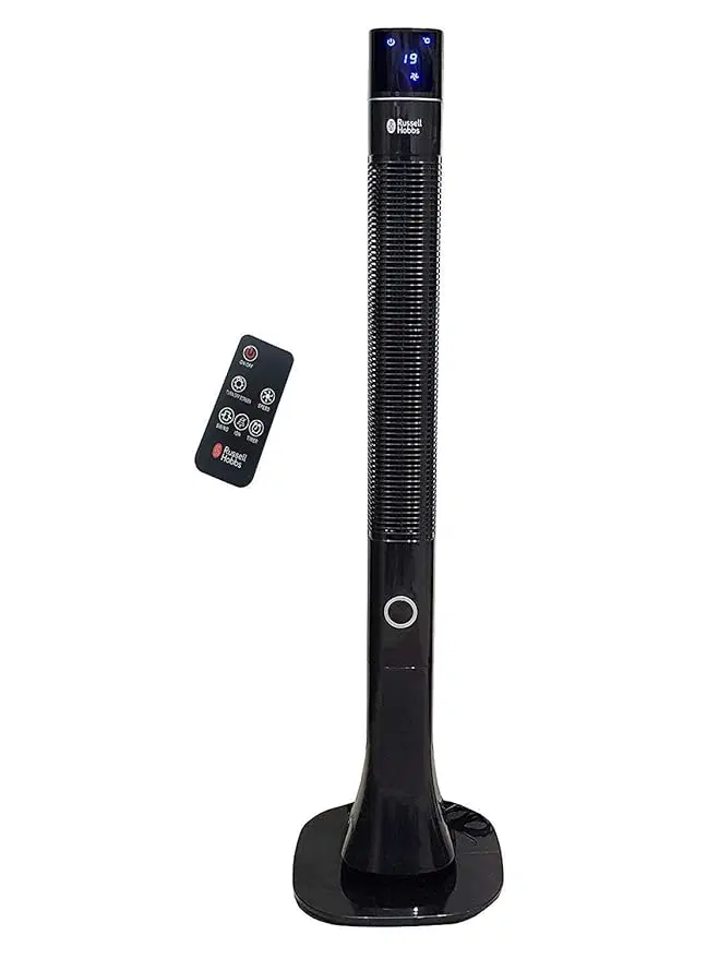 Russell Hobbs RTF4800 Tower Fan with Remote & LED Display | 48" Body, 3-Speed Settings, 12-Hour Timer, Fresh Air Ionizer, Quiet DC Motor, 60W | High Air Delivery | Black