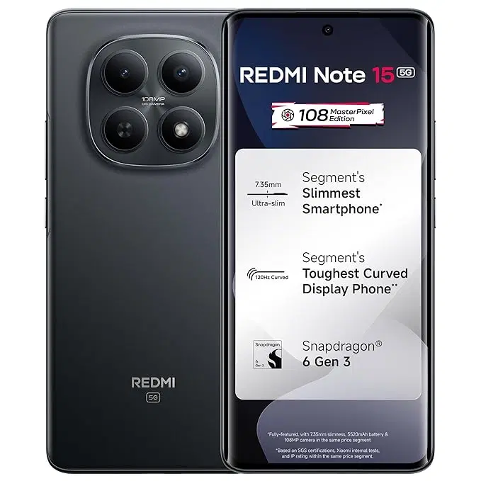 REDMI Note 15 5G (Black, 8GB RAM 256GB Storage) | 108MP OIS Camera | Snapdragon 6 Gen 3 | 17.2cm Tough Curved AMOLED Screen | Segment’s Slimmest Phone | 5520mAh Si/C Battery | 45W Fast Charging