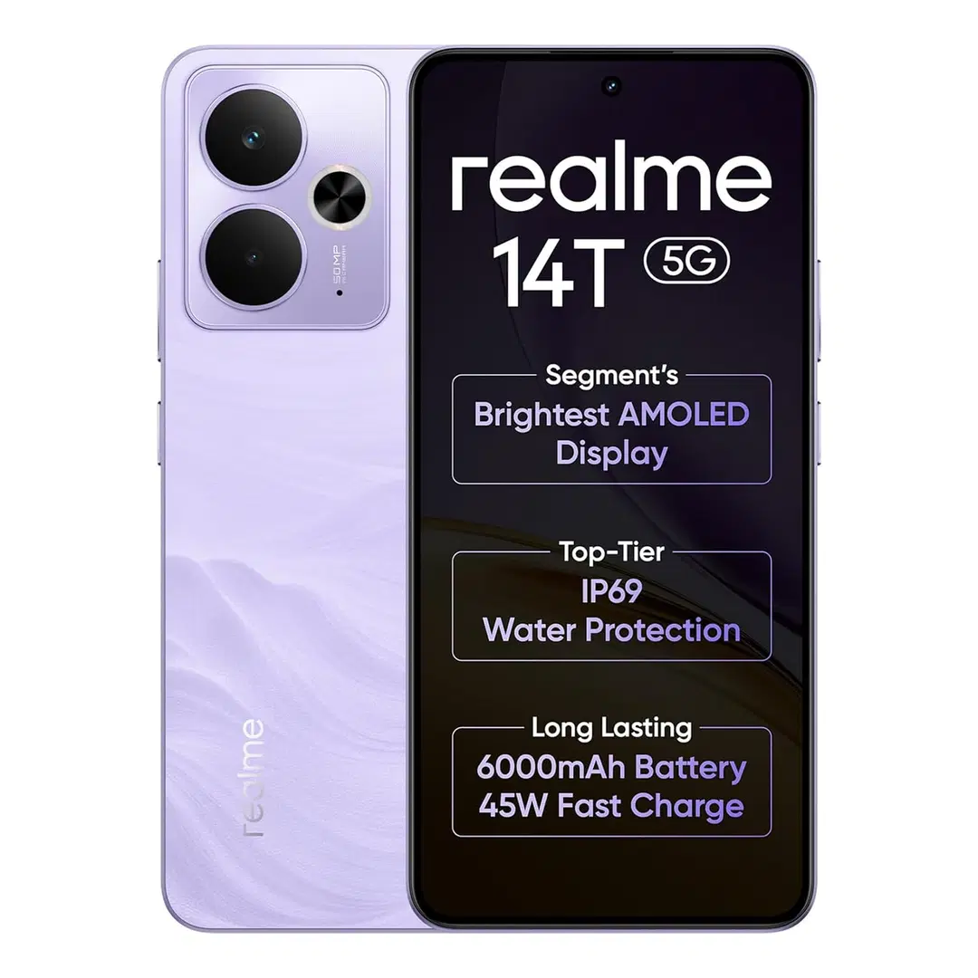 realme 14T 5G Smartphone 8+128GB Lightning Purple, 6.67-inch Screen, 120Hz Display, 6000mAh Battery, 68MP Camera, MediaTek Dimensity 6300, IP69