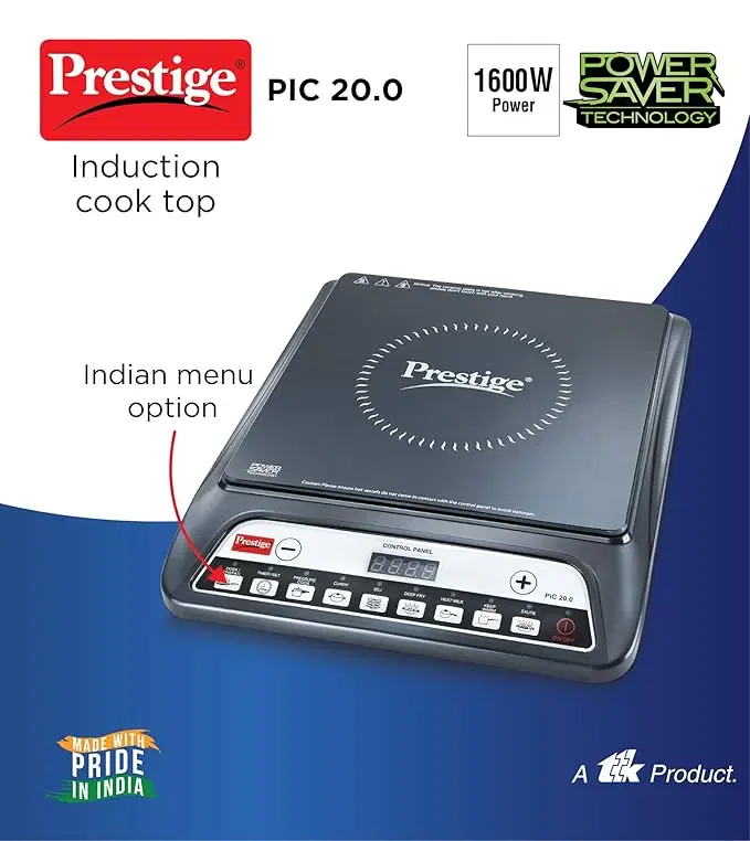 Prestige PIC 20 Induction Cooktop with Automatic Whistle Counter, 1600 Watts Power, Push Button, Indian Menu Options (Black)