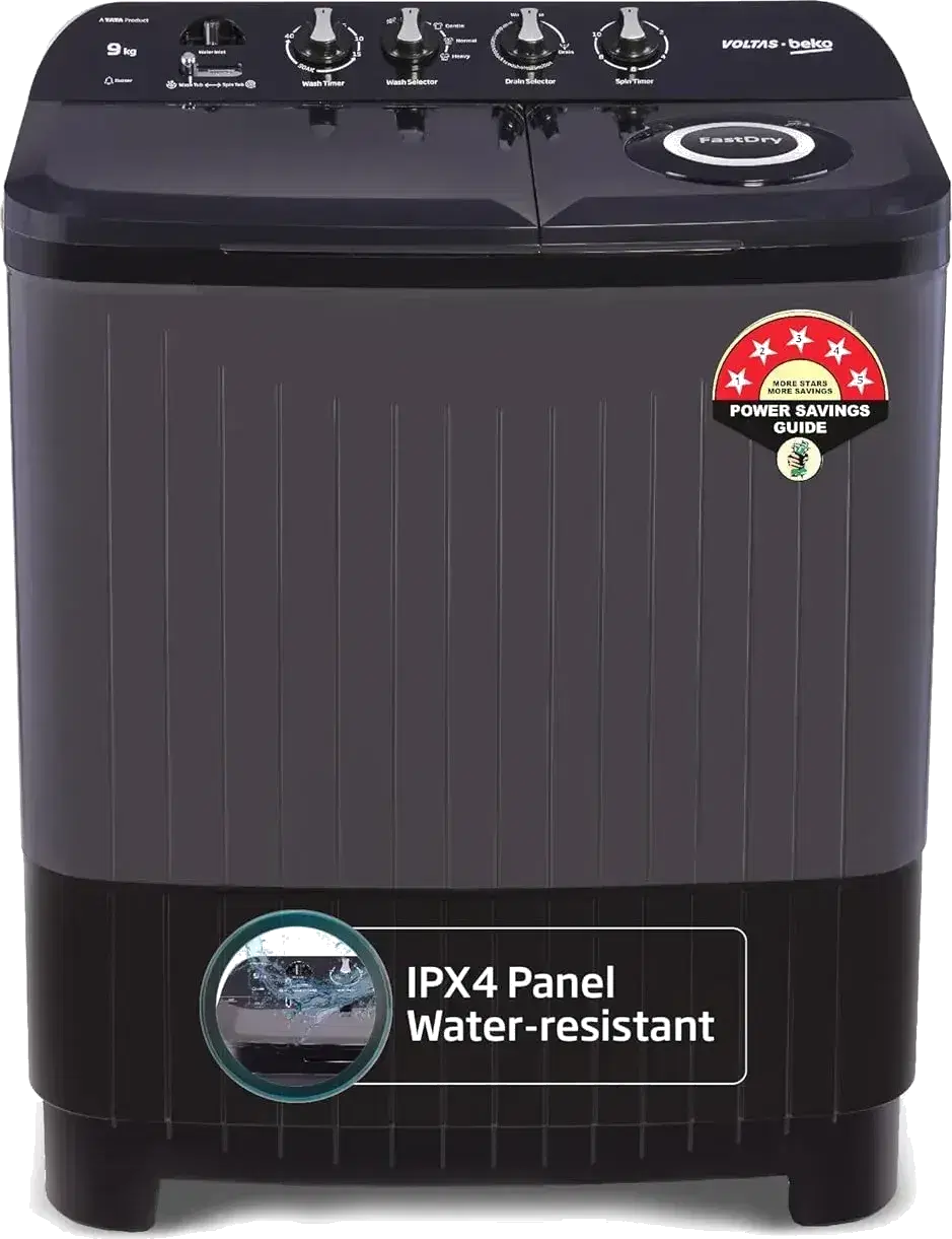 Voltas beko, A Tata Product 9 kg 5 Star Semi-Automatic Twin Tub Top Load Washing Machine, (WTT90UDX/BKGR4KPTD, Black, 2023 Model, Special Pulsator wash Method)