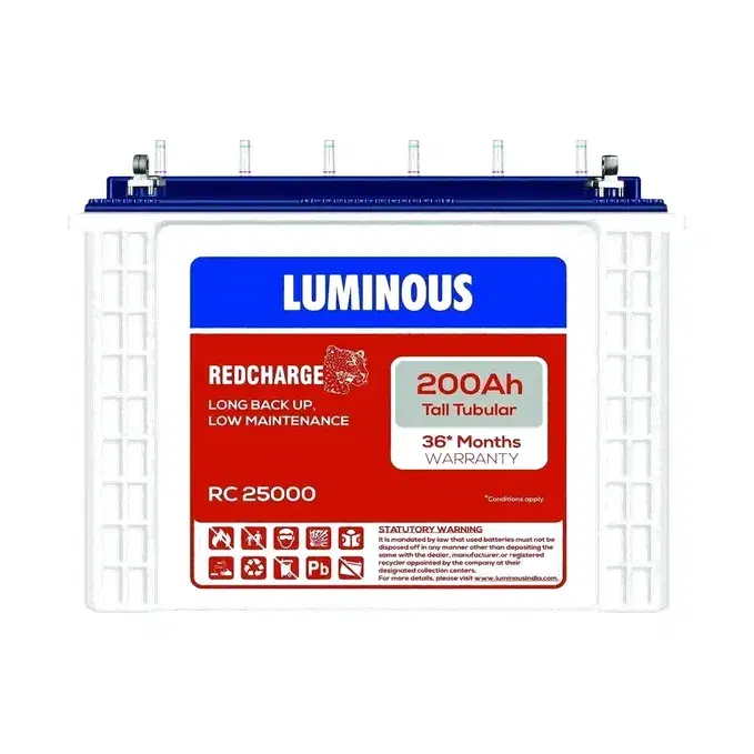 Luminous Tall Tubular Battery for Home, Office & Shops | Red Charge RC 25000 200Ah | Recyclable and Reliable Inverter Battery | Minimum Maintenance | Easy Installation | 36 Months Warranty