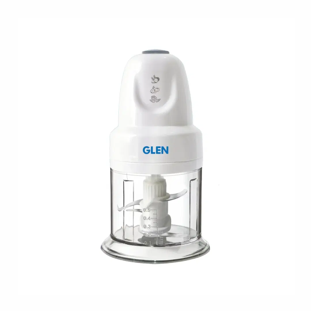 Glen Electric Vegetable Chopper, 2 Stainless Steel Blade, Whisking Disc 0.5 Litres Bowl, 200W - White (4043 Turbo)